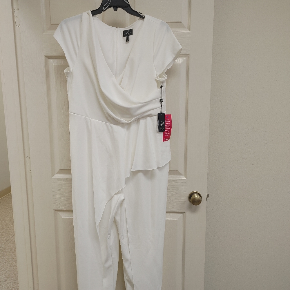 Asymmetrical White Jumpsuit With Surplice Top | - Picture 2 of 5